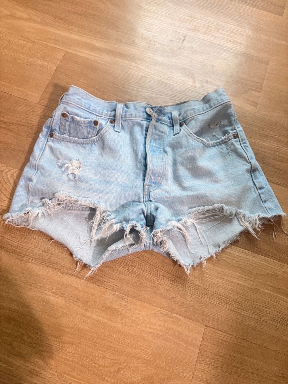 Levi's Light Blue Frayed 501 Shorts